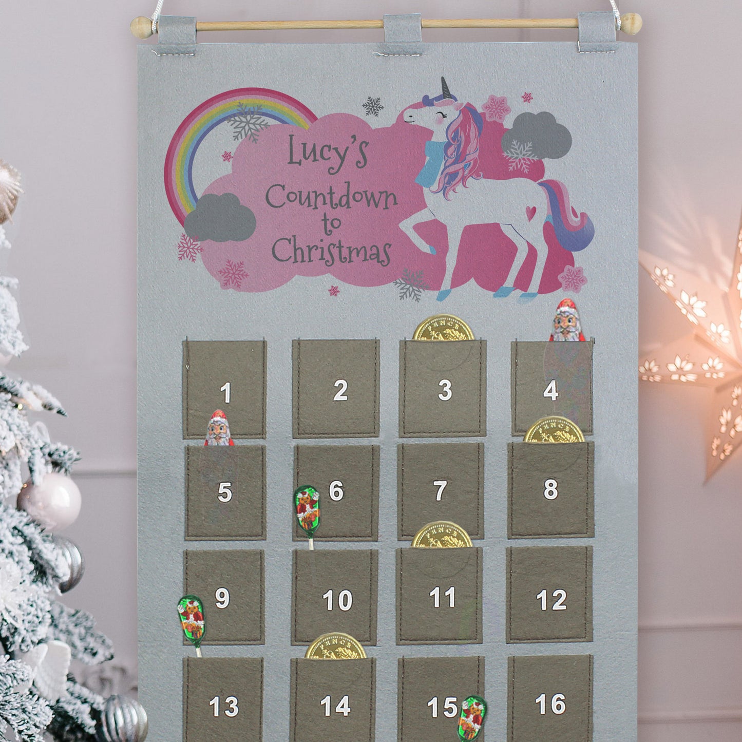 Personalised Christmas Unicorn Advent Calendar In Silver Grey