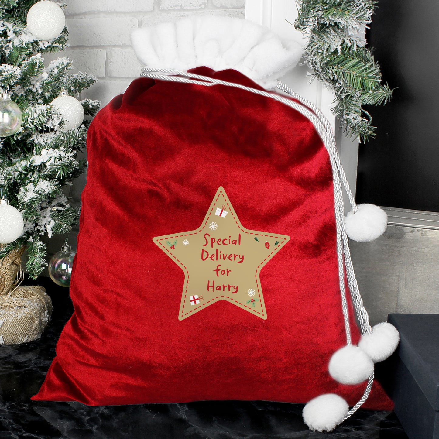 Personalised Free Text Star Luxury Pom Pom Red Sack