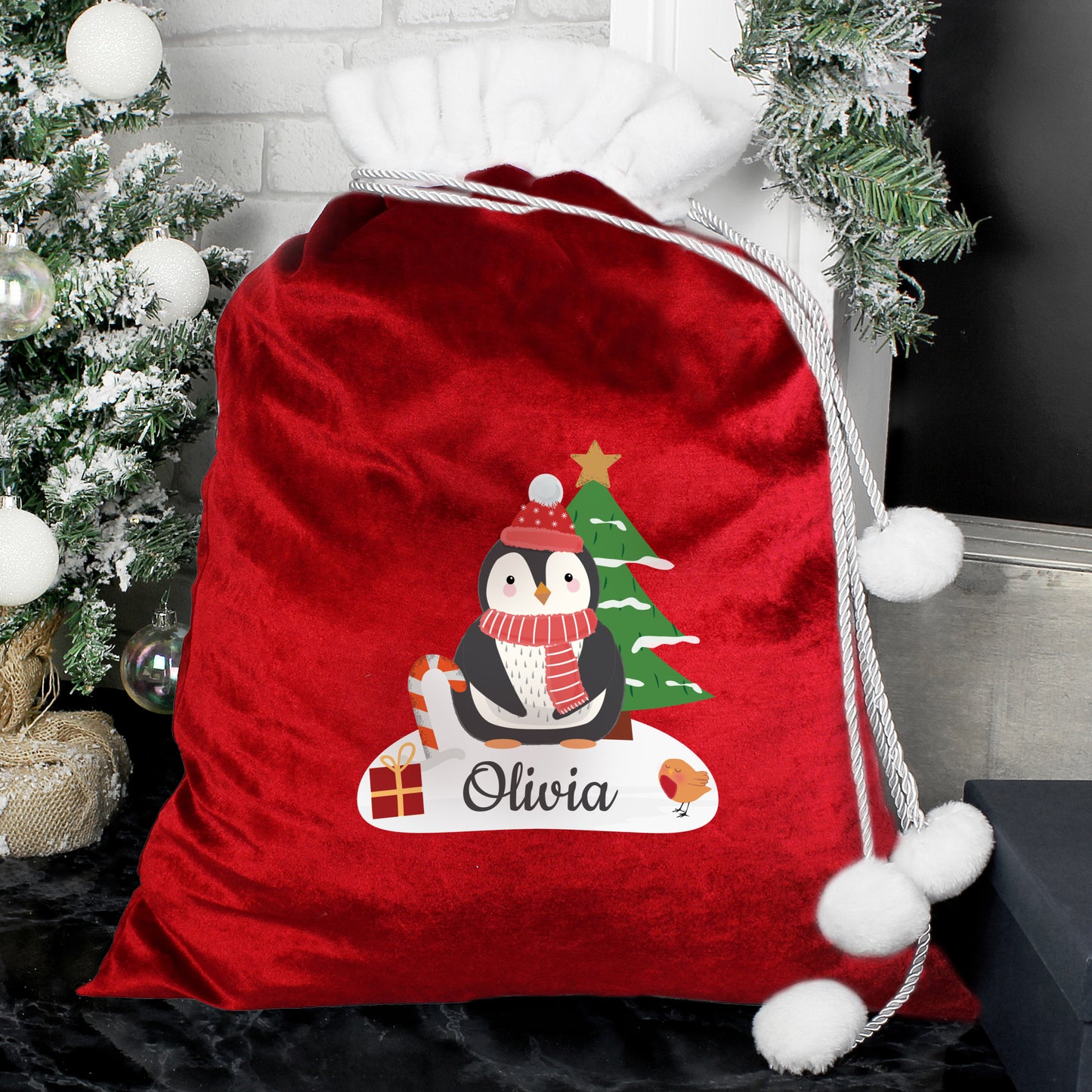 Personalised Christmas Penguin Luxury Pom Pom Red Sack