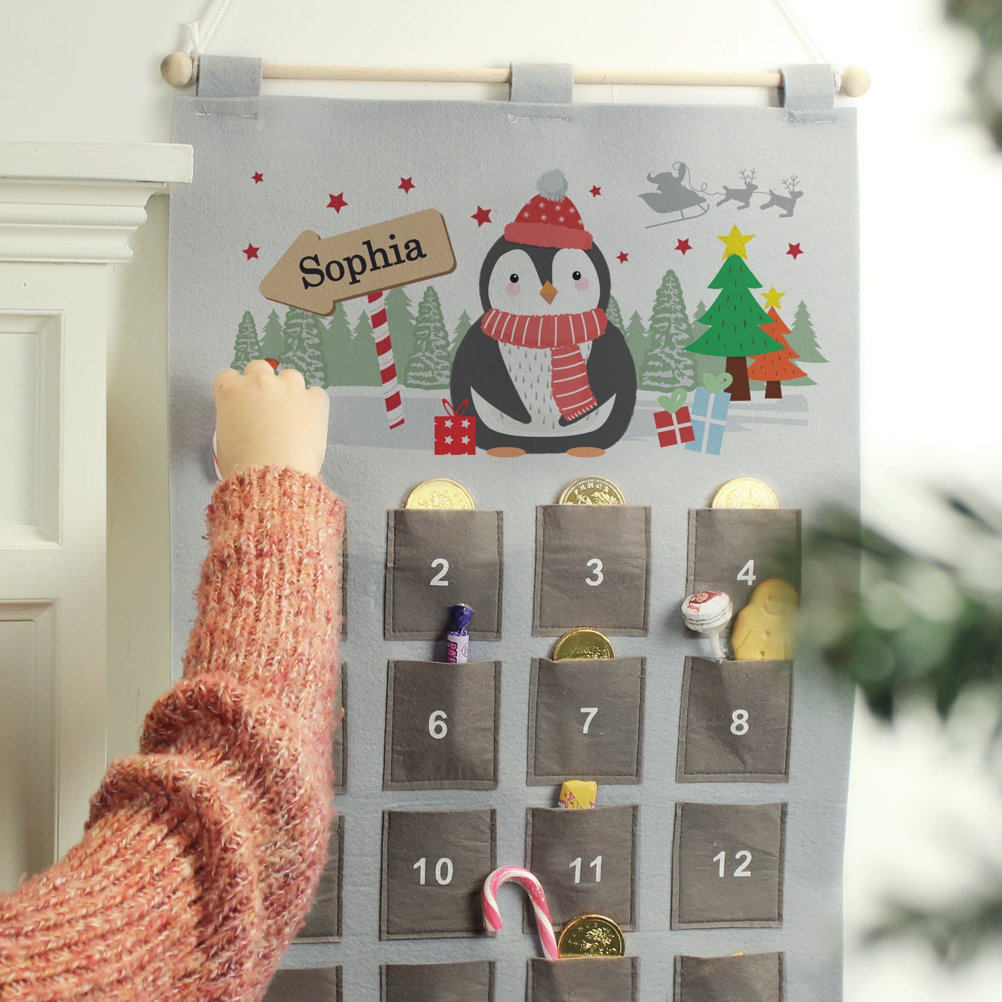 Personalised Christmas Penguin Advent Calendar In Silver Grey