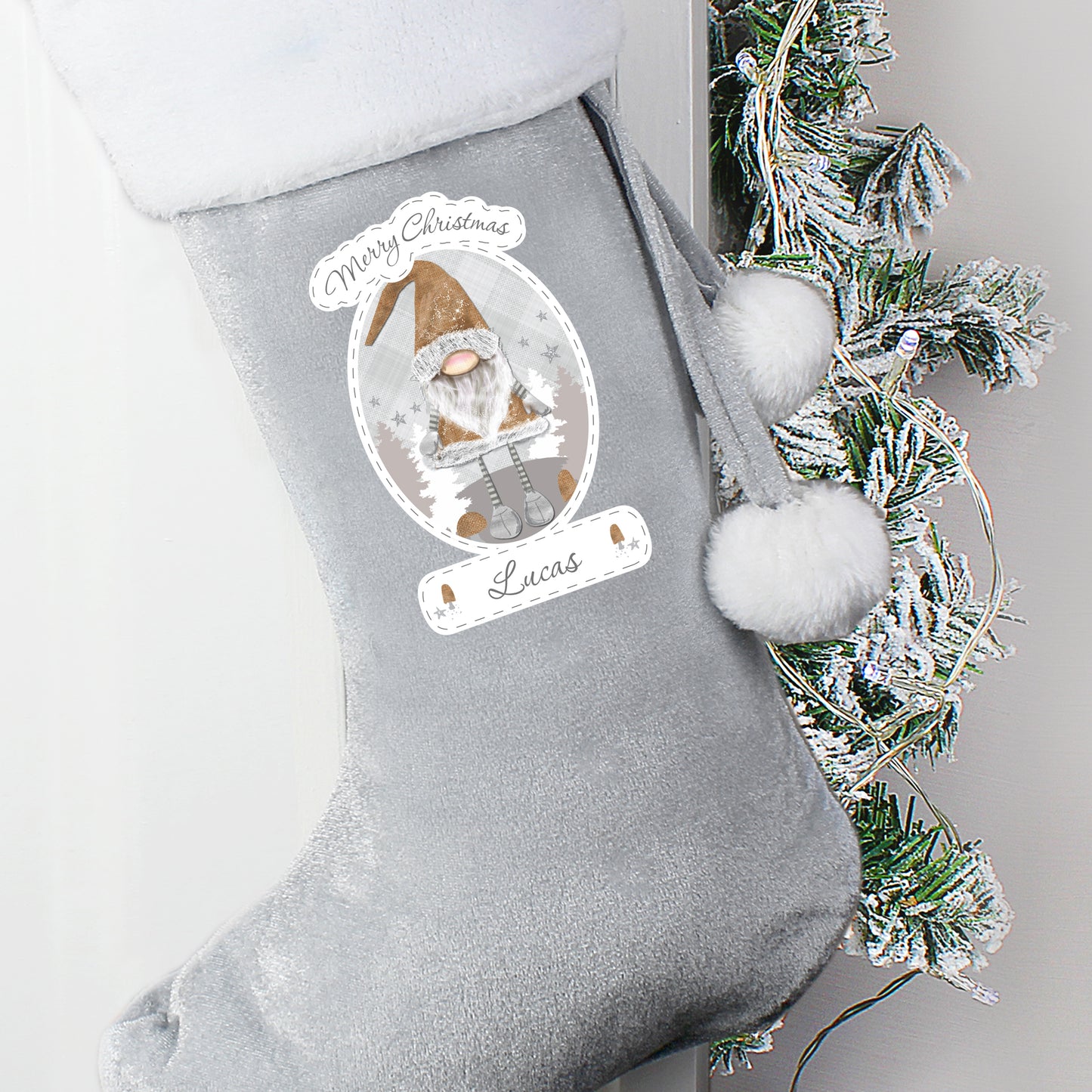 Personalised Christmas Gonk Silver Grey Stocking