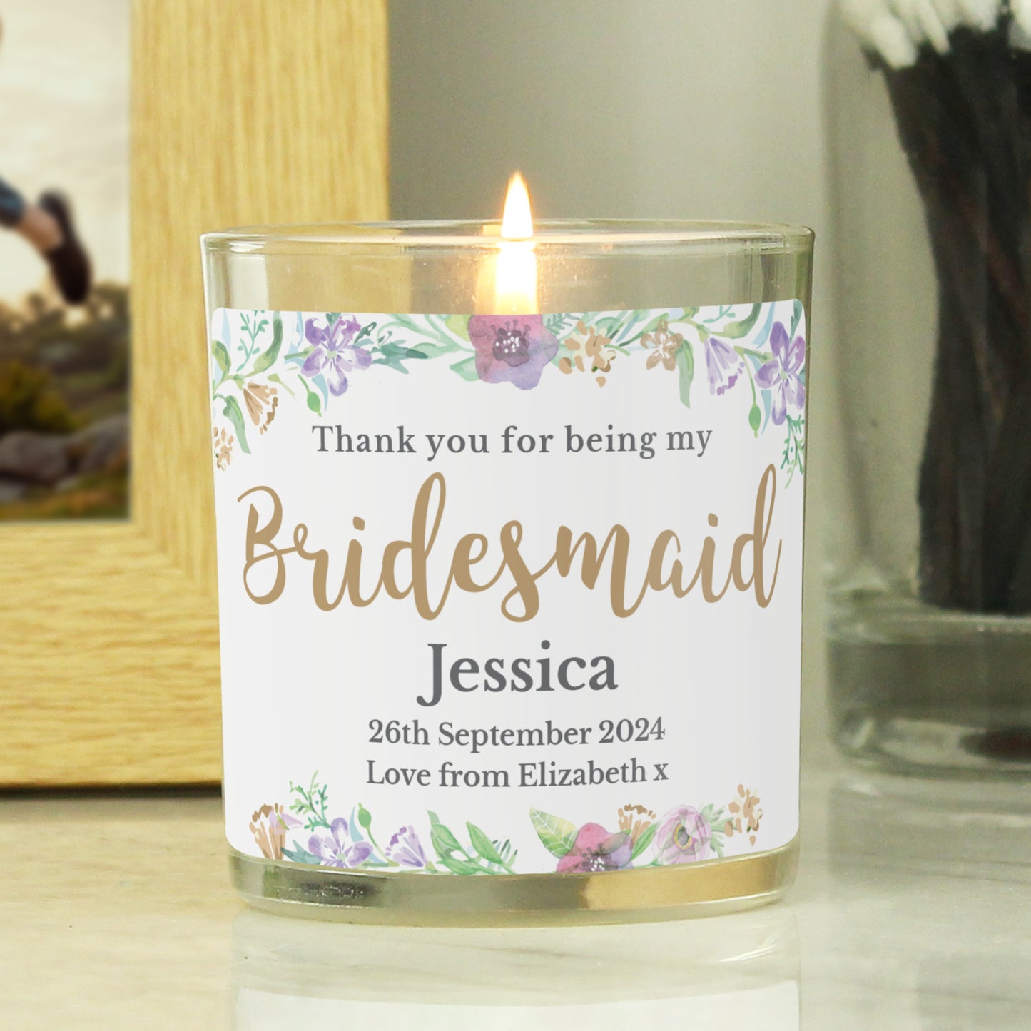 Personalised Bridesmaid 'Floral Watercolour Wedding' Scented Jar Candle