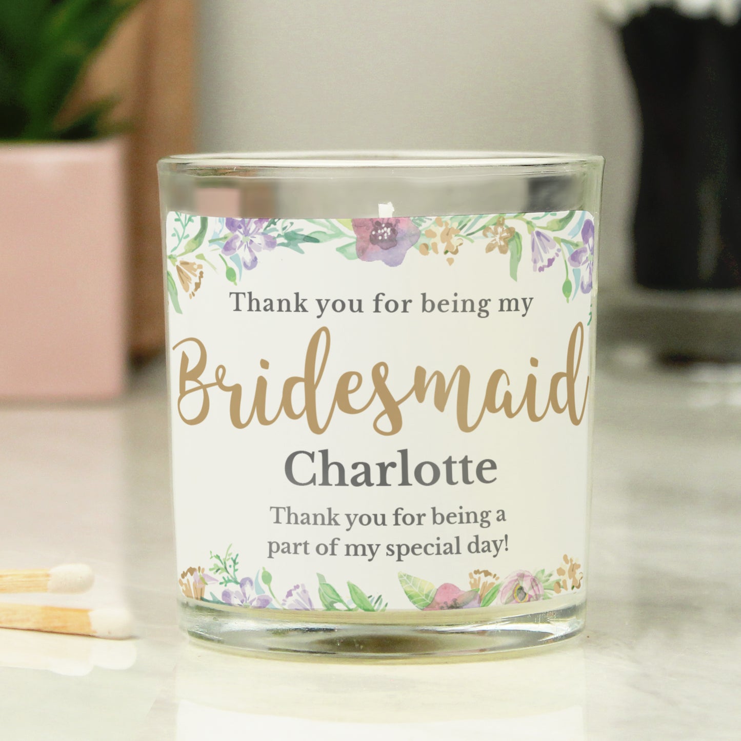 Personalised Bridesmaid 'Floral Watercolour Wedding' Scented Jar Candle