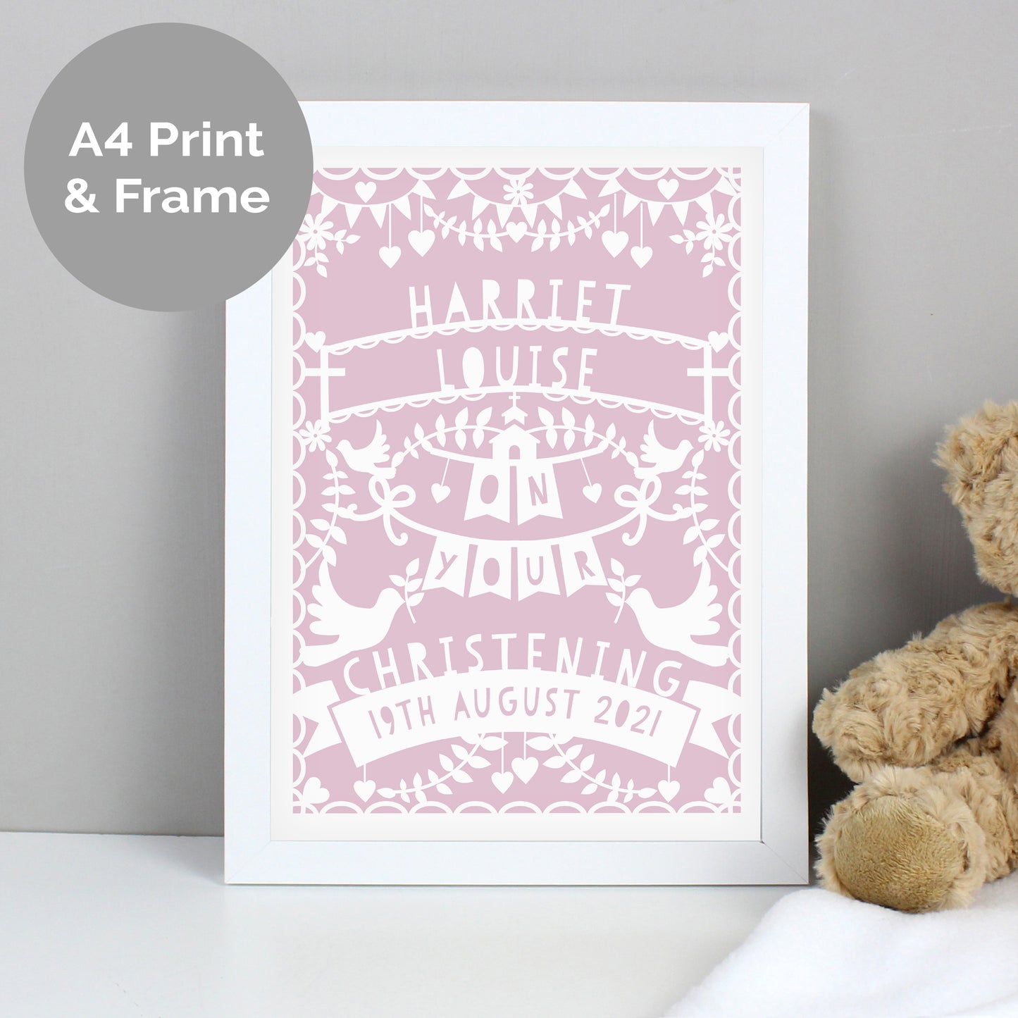 Personalised Pink Papercut Style A4 White Framed Print