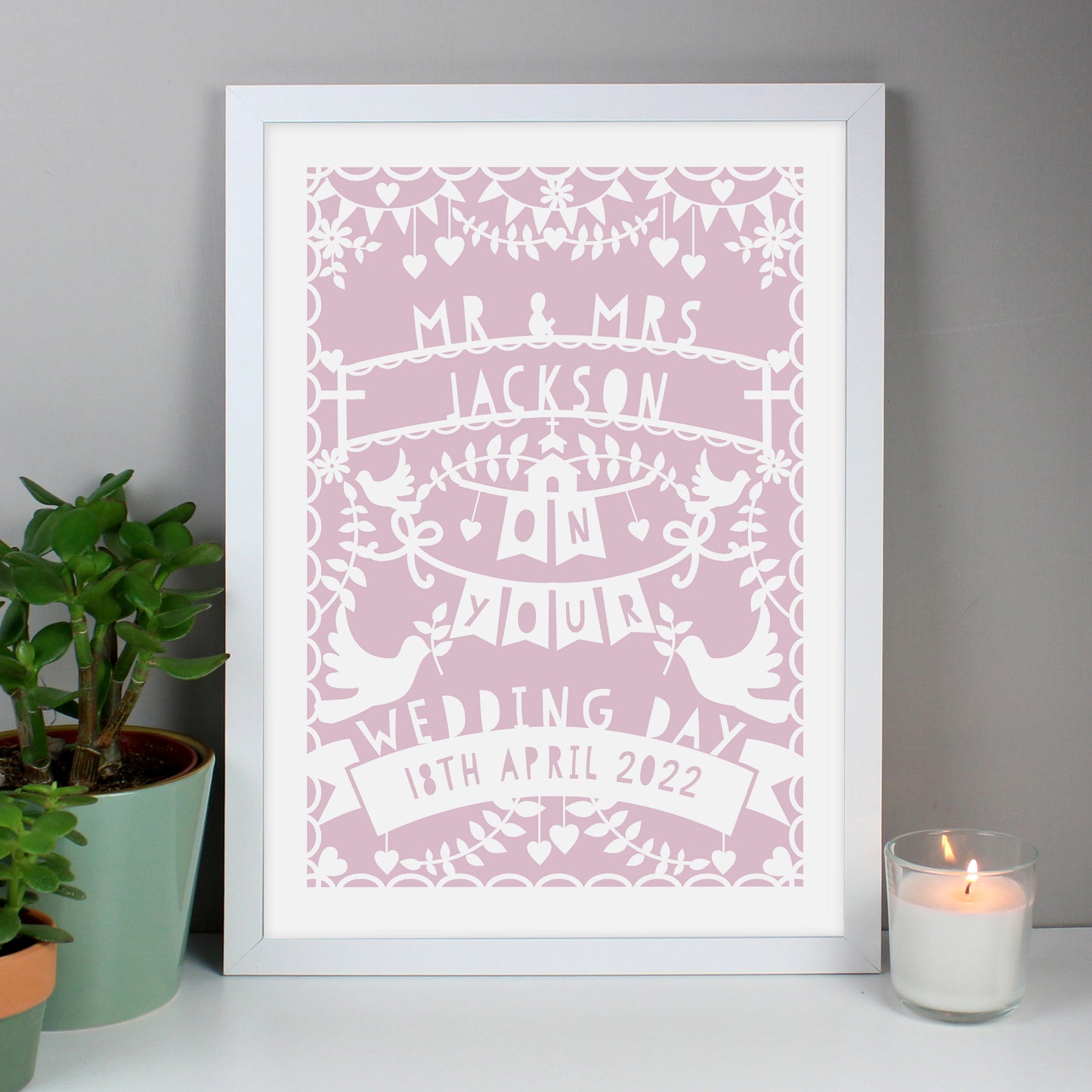 Personalised Pink Papercut Style A3 White Framed Print