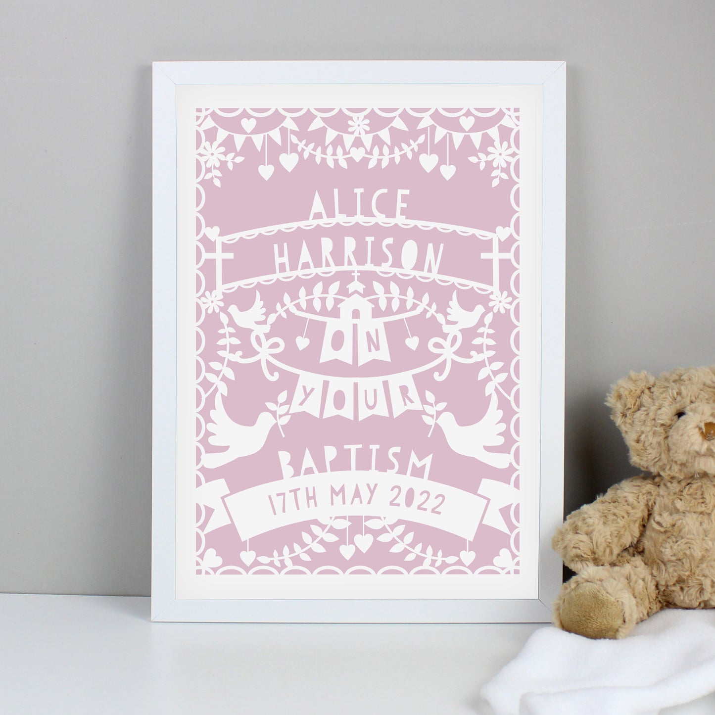 Personalised Pink Papercut Style A3 White Framed Print