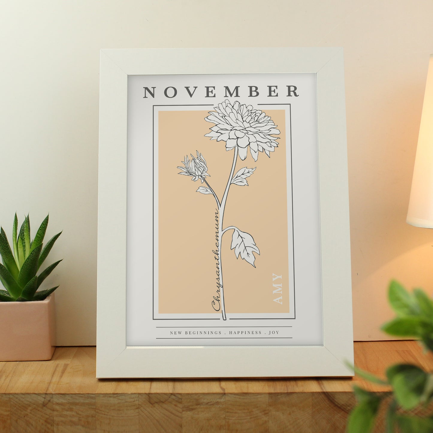 Personalised Birth Flower White A4 Framed Print