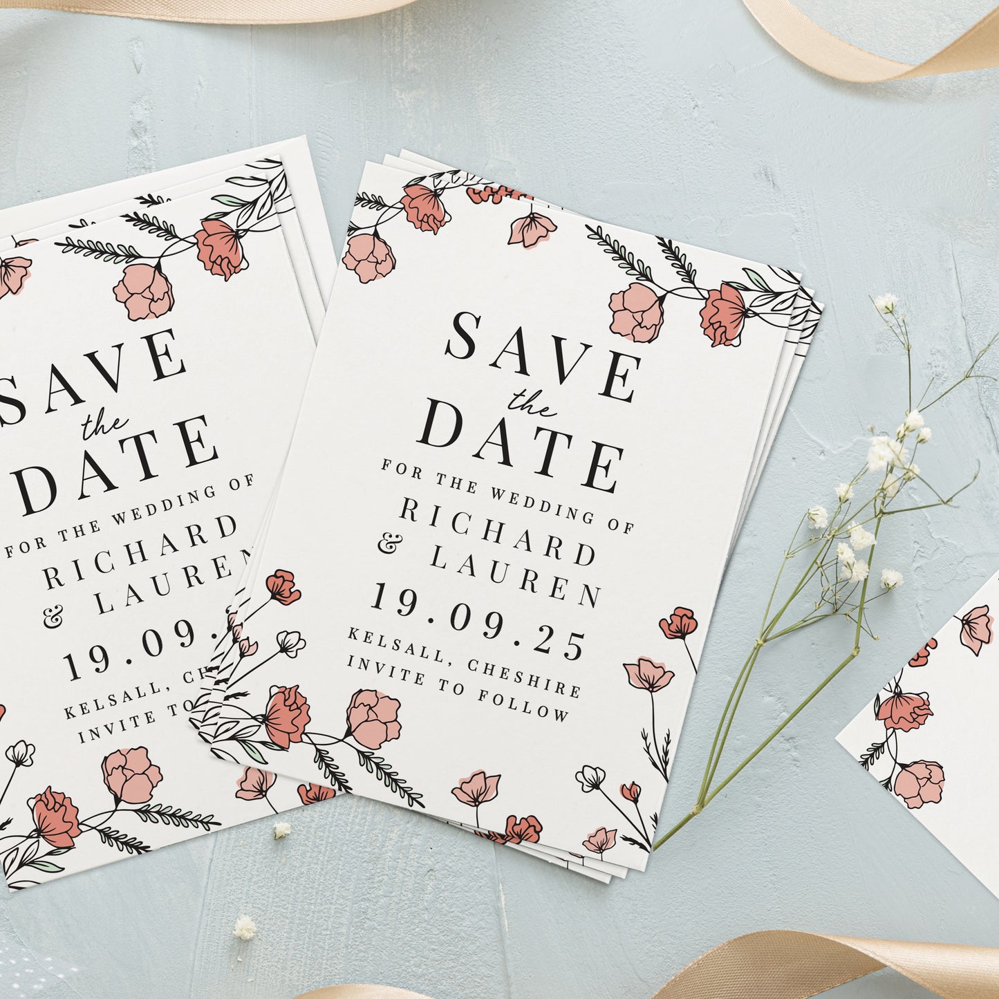 Personalised Pink Floral Set of 36 Wedding Save the Dates