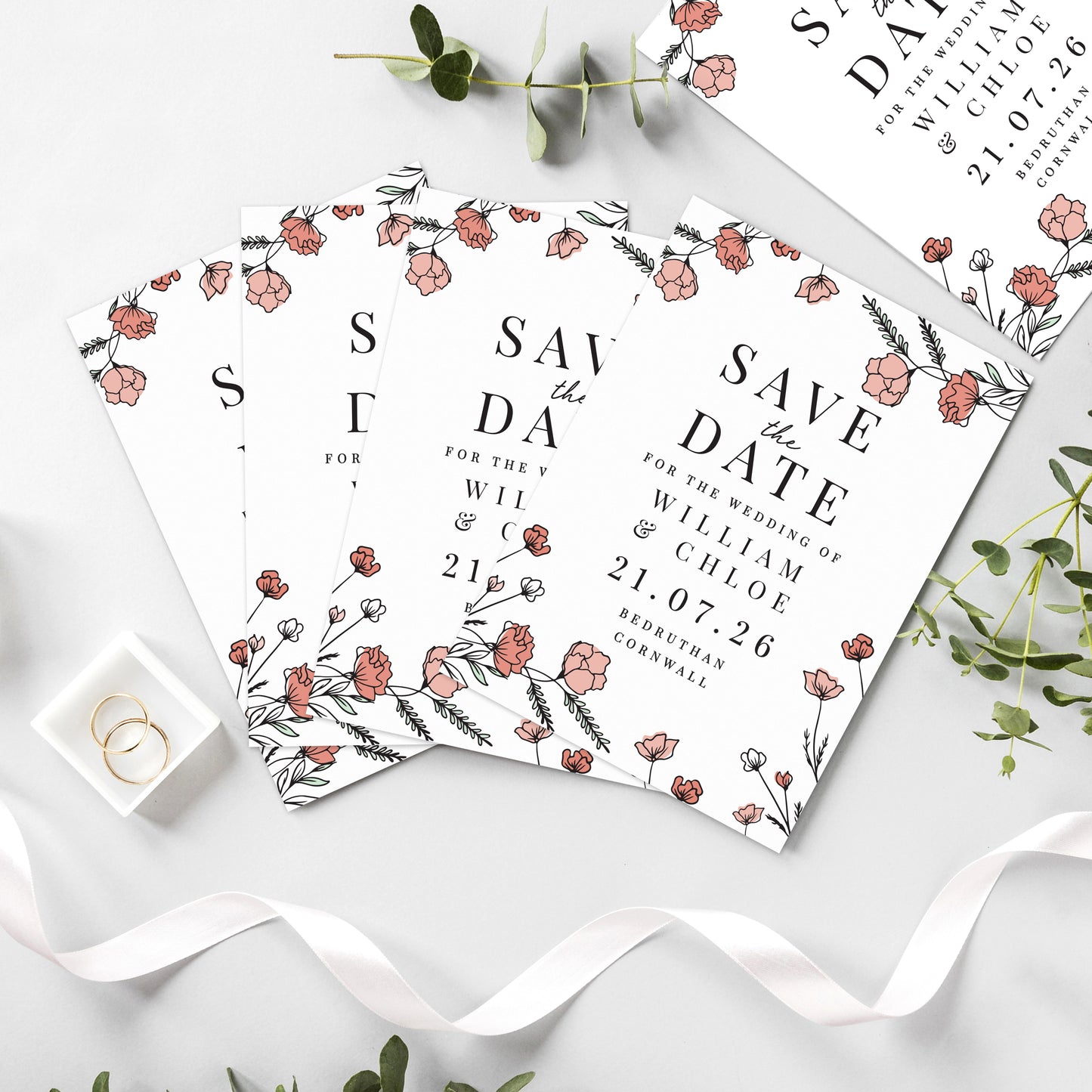 Personalised Pink Floral Set of 36 Wedding Save the Dates