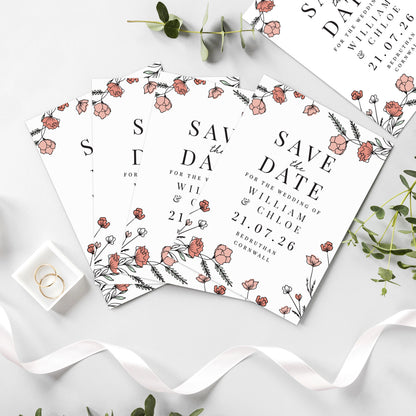 Personalised Pink Floral Set of 36 Wedding Save the Dates