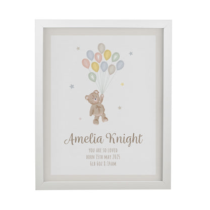 Personalised Teddy Balloon White Poster Frame