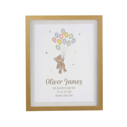 Personalised Teddy Balloon Oak Poster Frame
