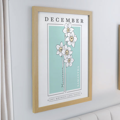Personalised Birth Flower Oak Poster Frame