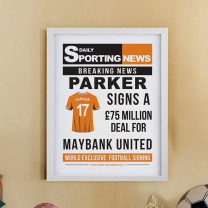 Personalised Football News White Poster Frame
