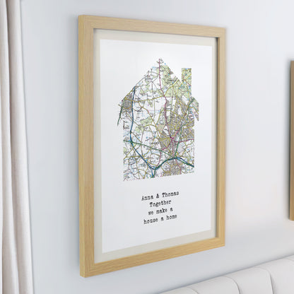 Personalised Present Day Map Home Oak Poster Frame