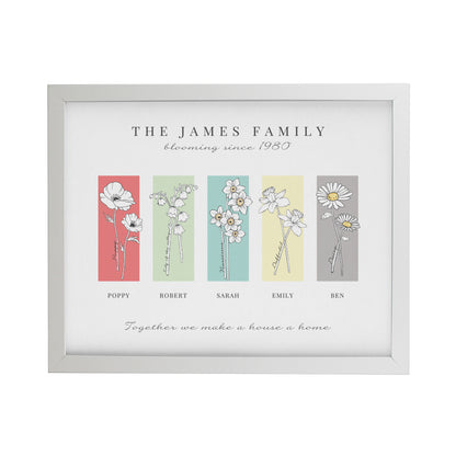 Personalised Birth Flower Family of 5 White Framed Print