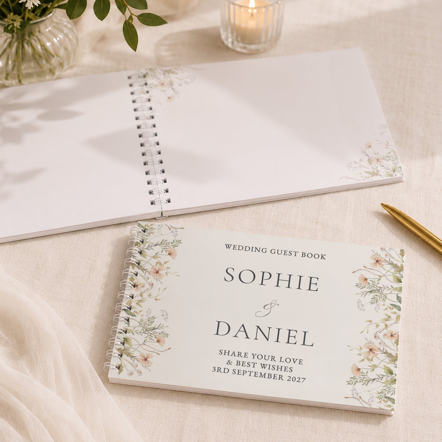 Personalised Peach Wild Flowers Wedding Guest Book
