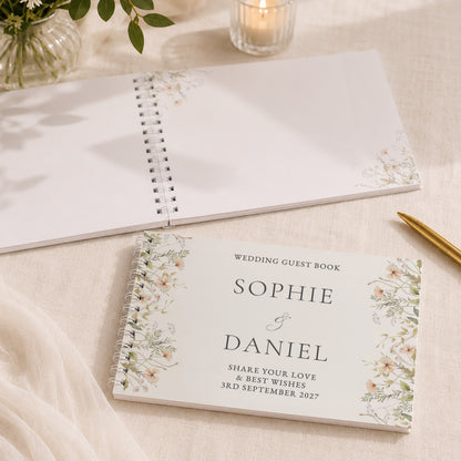 Personalised Peach Wild Flowers Wedding Guest Book