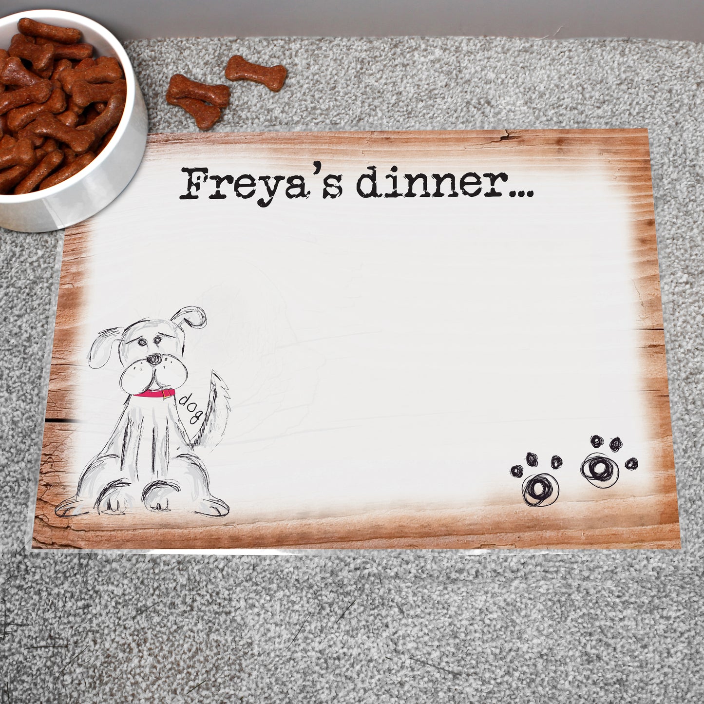 Personalised Scribble Dog Pet Bowl Mat