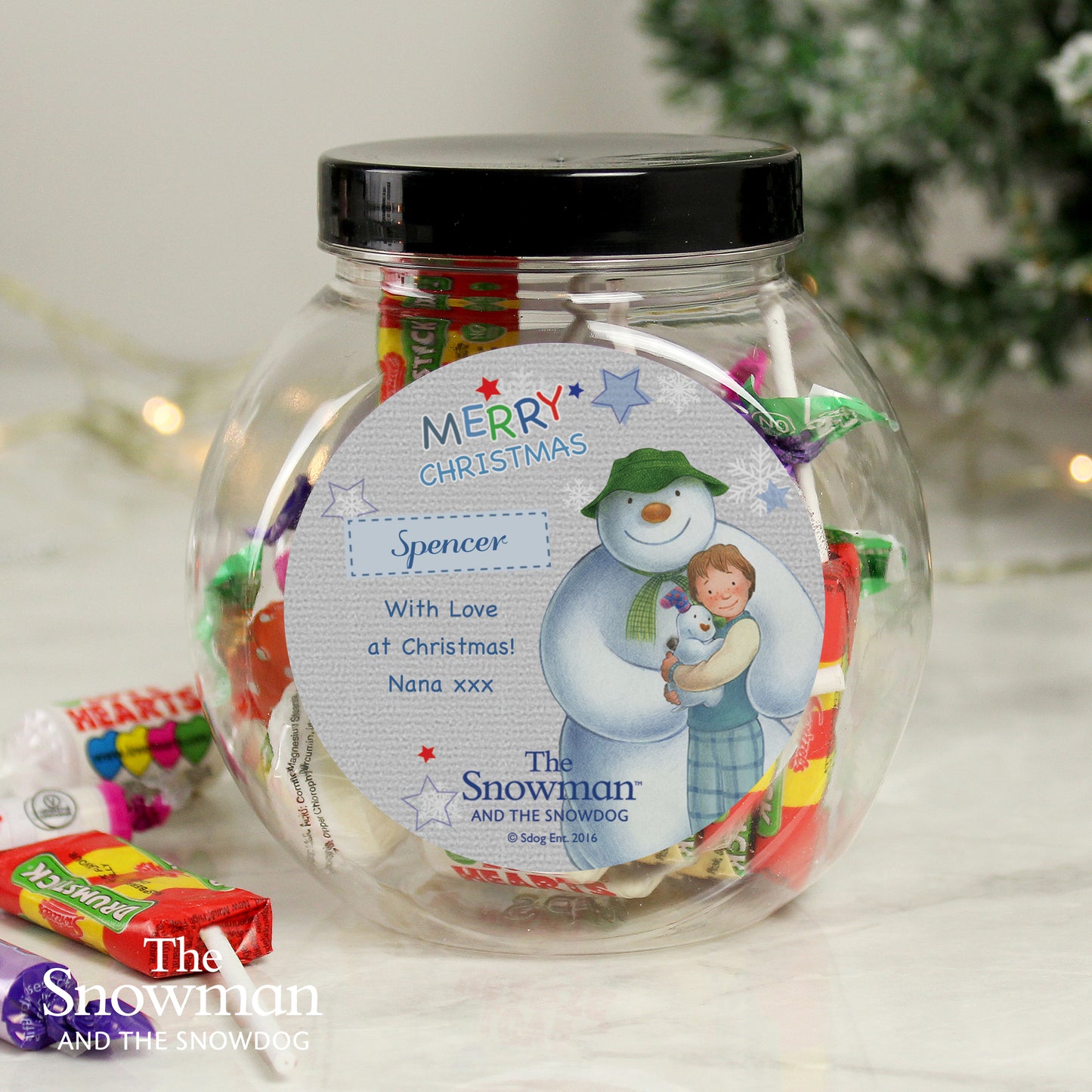 Personalised The Snowman and the Snowdog Blue Sweet Jar