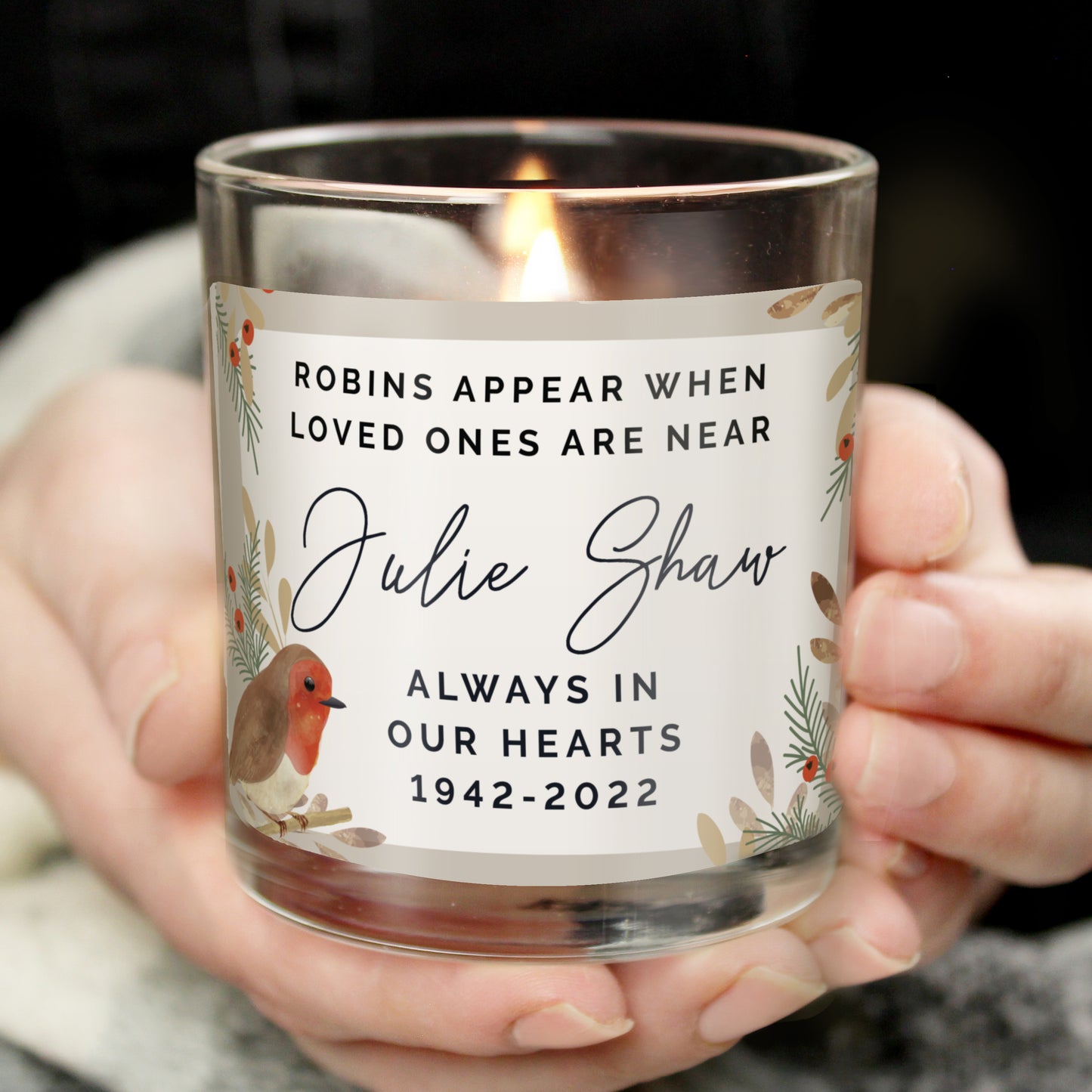 Personalised Robins Appear Memorial Scented Jar Candle