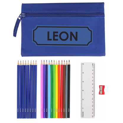 Blue Pencil Case with Personalised Pencils & Crayons