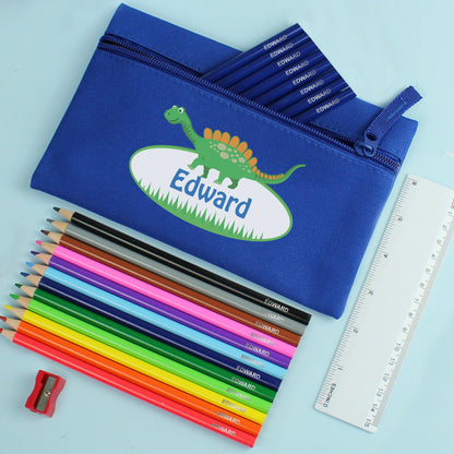 Blue Dinosaur Pencil Case with Personalised Pencils & Crayons