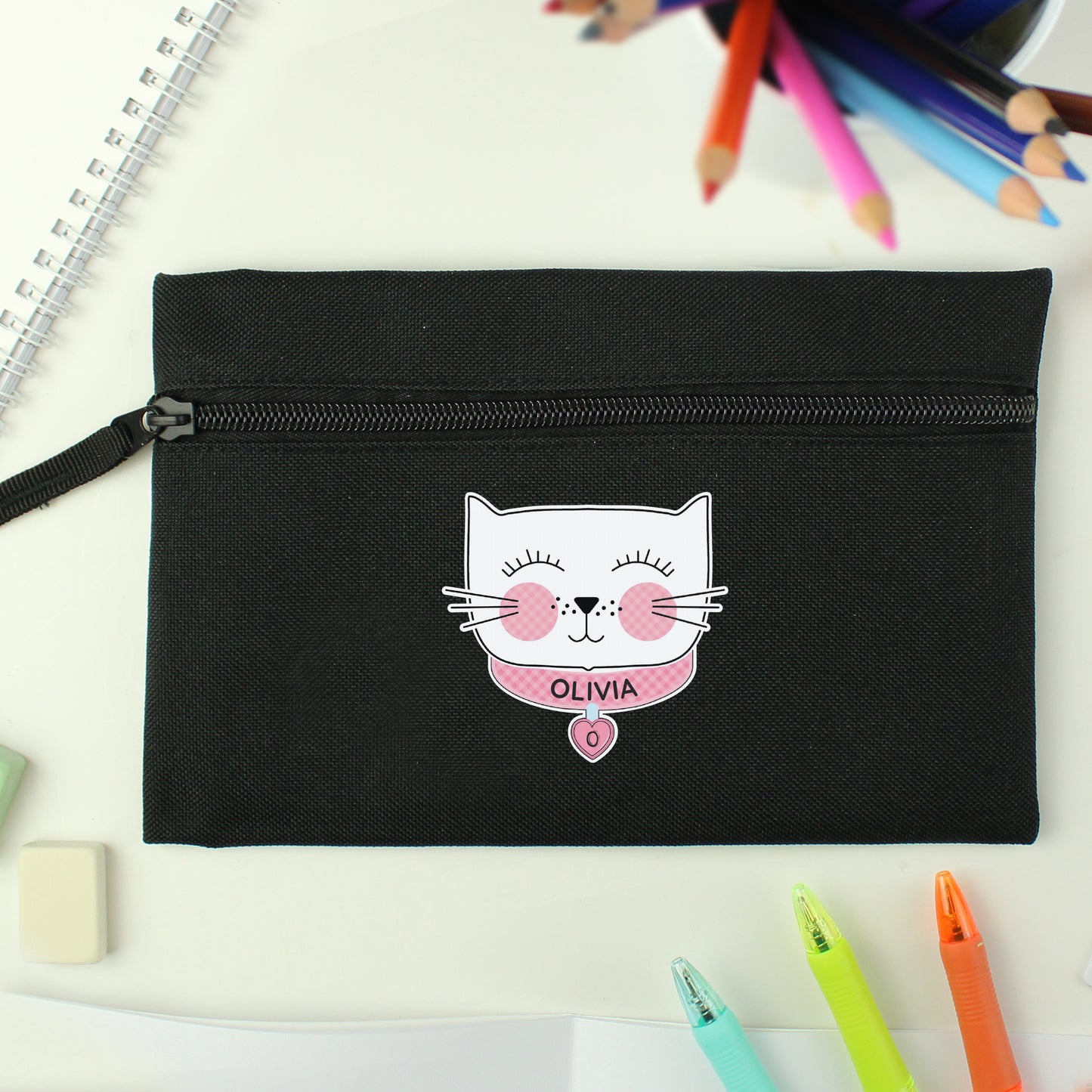 Personalised Cute Cat Black Pencil Case