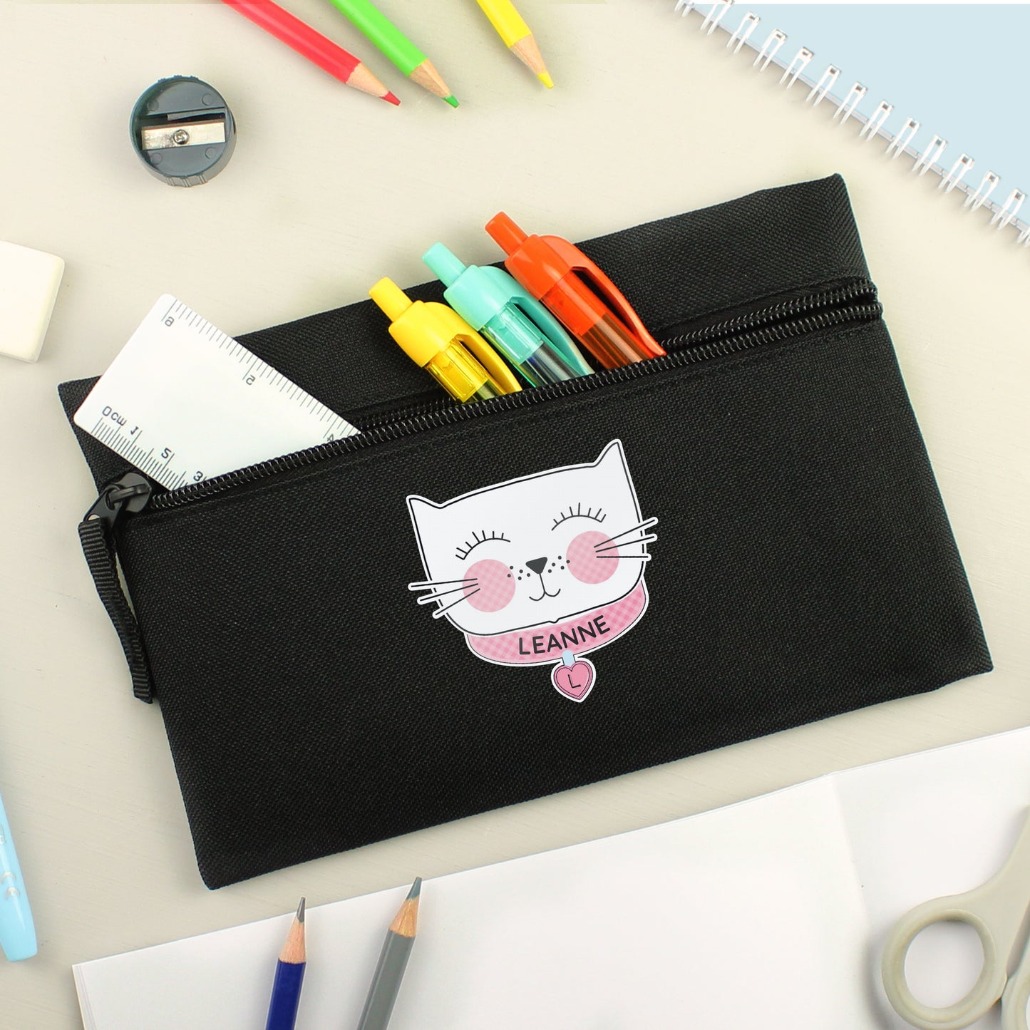 Personalised Cute Cat Black Pencil Case