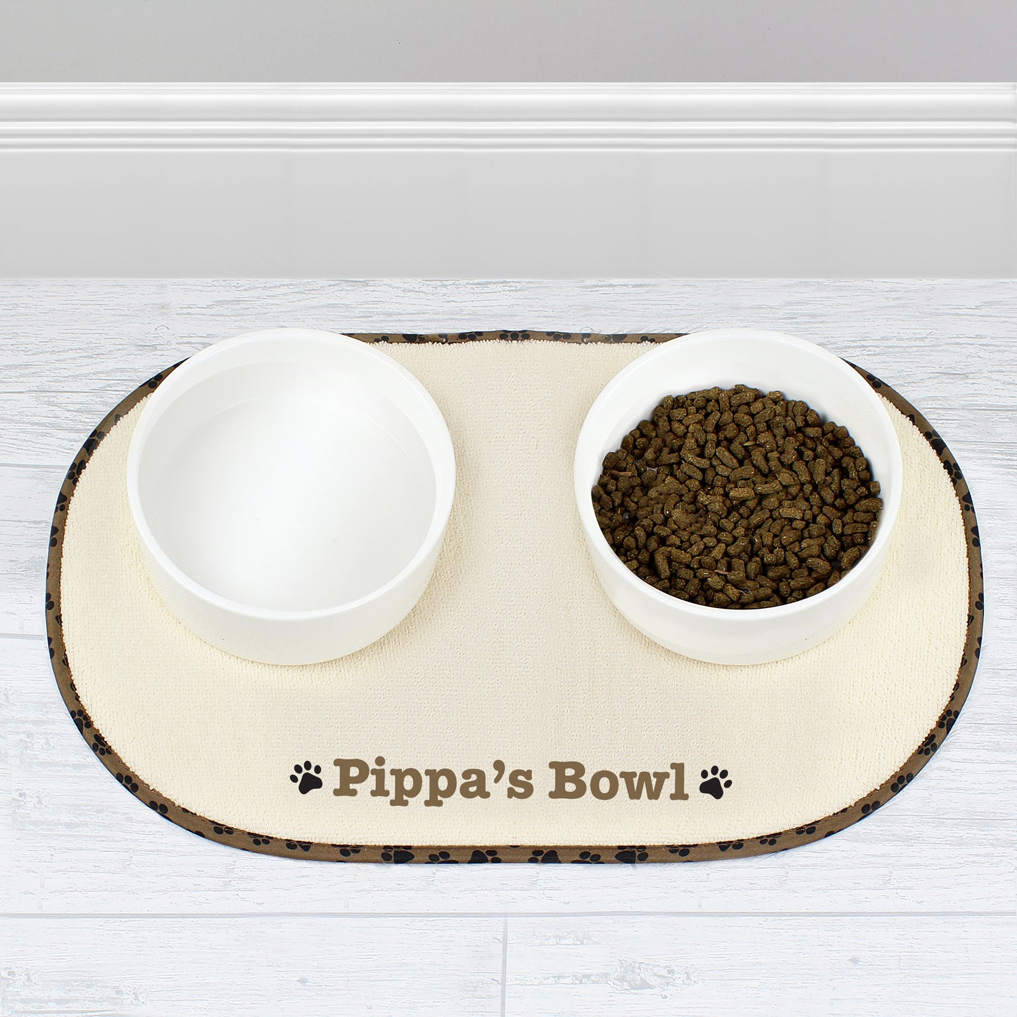 Personalised Brown Microfibre Paw Print Pet Bowl Mat