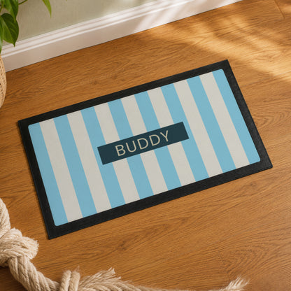 Personalised Blue Stripe Pet Bowl Mat