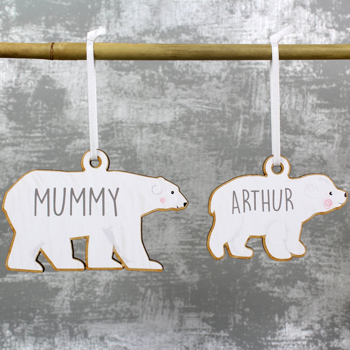 Personalised Set of Four Polar Bear Family Wooden Hanging Decorations