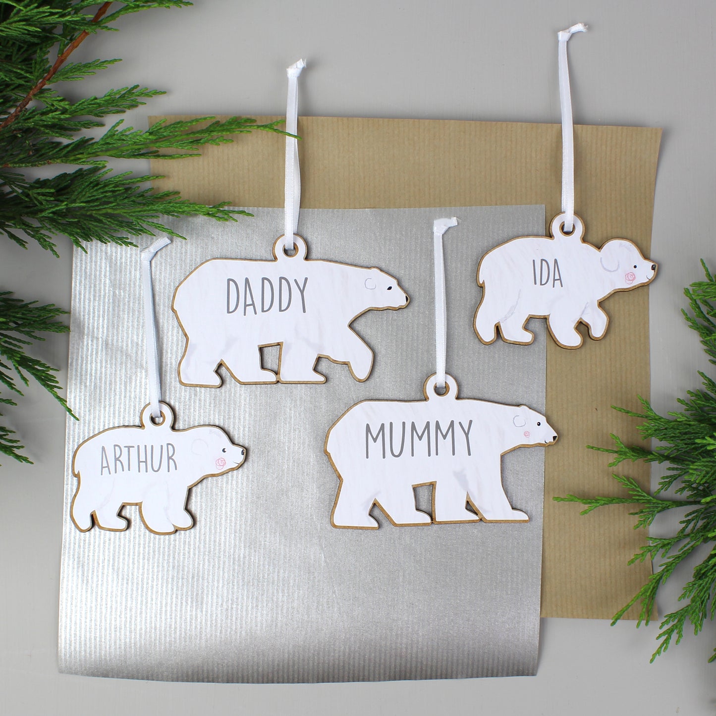 Personalised Set of Four Polar Bear Family Wooden Hanging Decorations