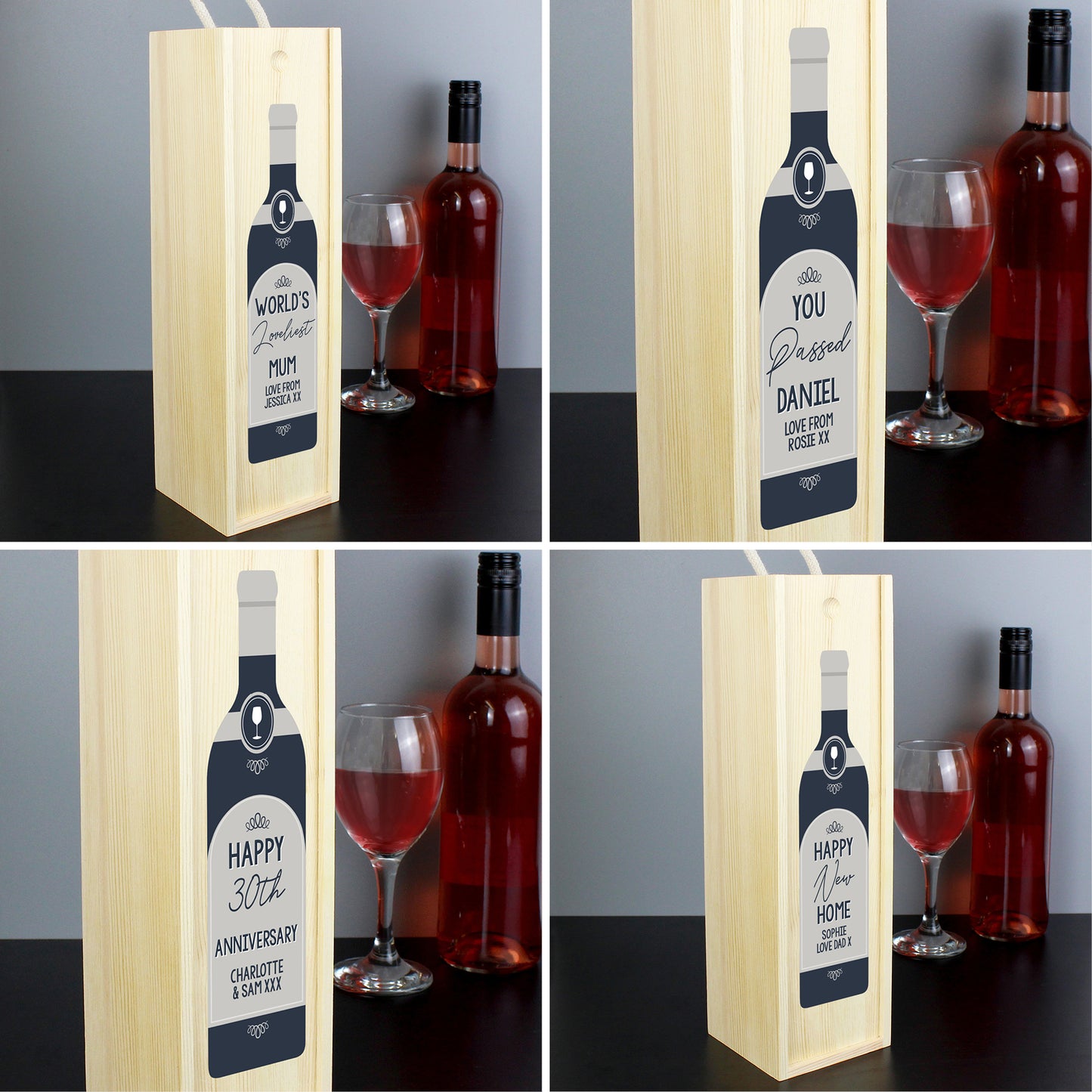 Personalised Free Text Grey Wooden Wine Bottle Box