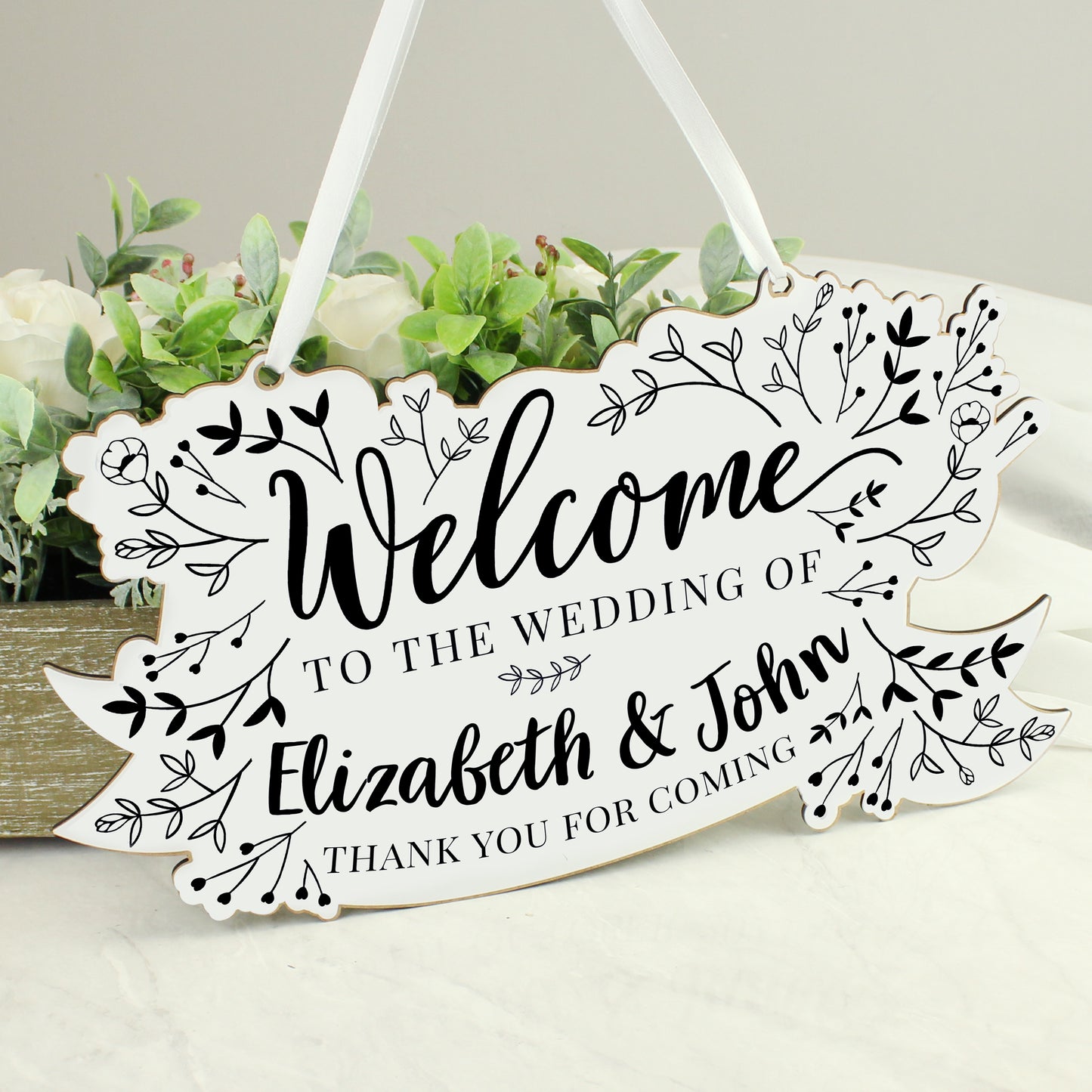 Personalised Monochrome Floral Wedding Wooden Hanging Decoration