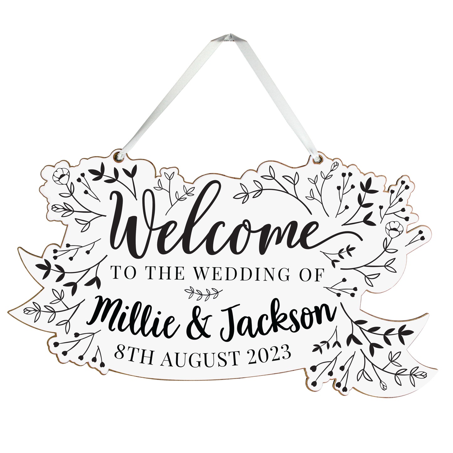 Personalised Monochrome Floral Wedding Wooden Hanging Decoration