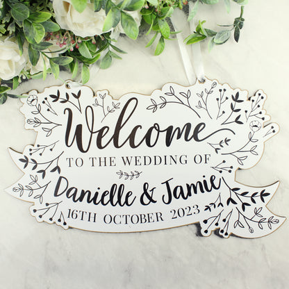 Personalised Monochrome Floral Wedding Wooden Hanging Decoration