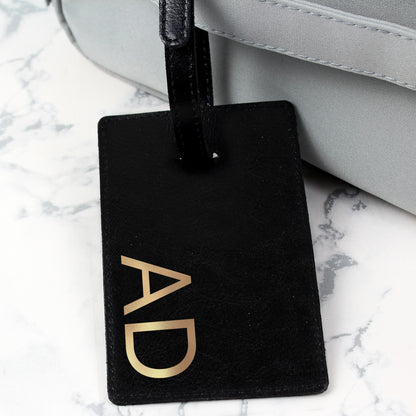 Personalised Gold Initials Black Leather  Luggage Tag