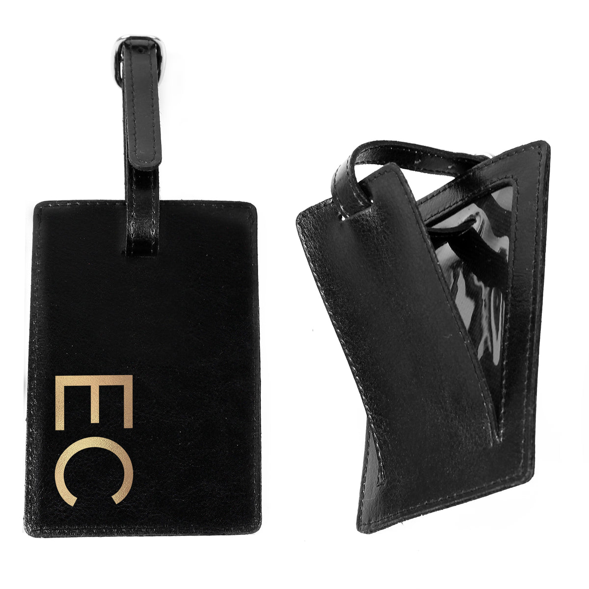 Personalised Gold Initials Black Leather  Luggage Tag