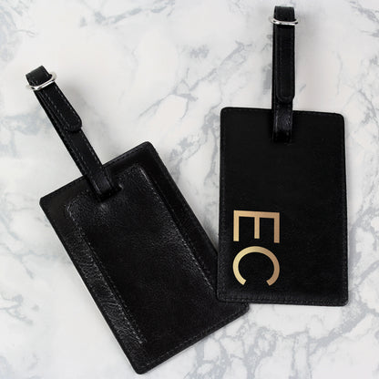 Personalised Gold Initials Black Leather  Luggage Tag
