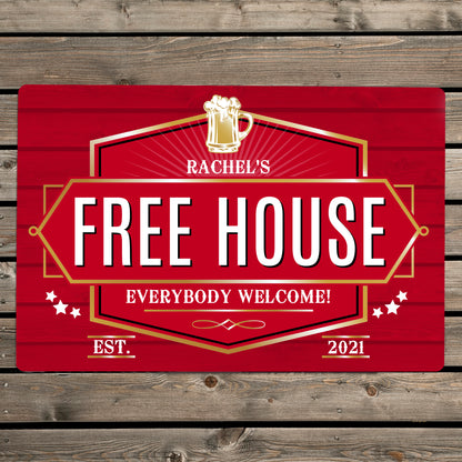 Personalised Free House Red Metal Sign