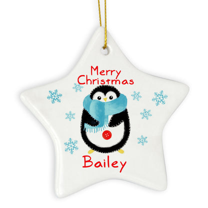 Personalised Felt Stitch Penguin Ceramic Star Decoration