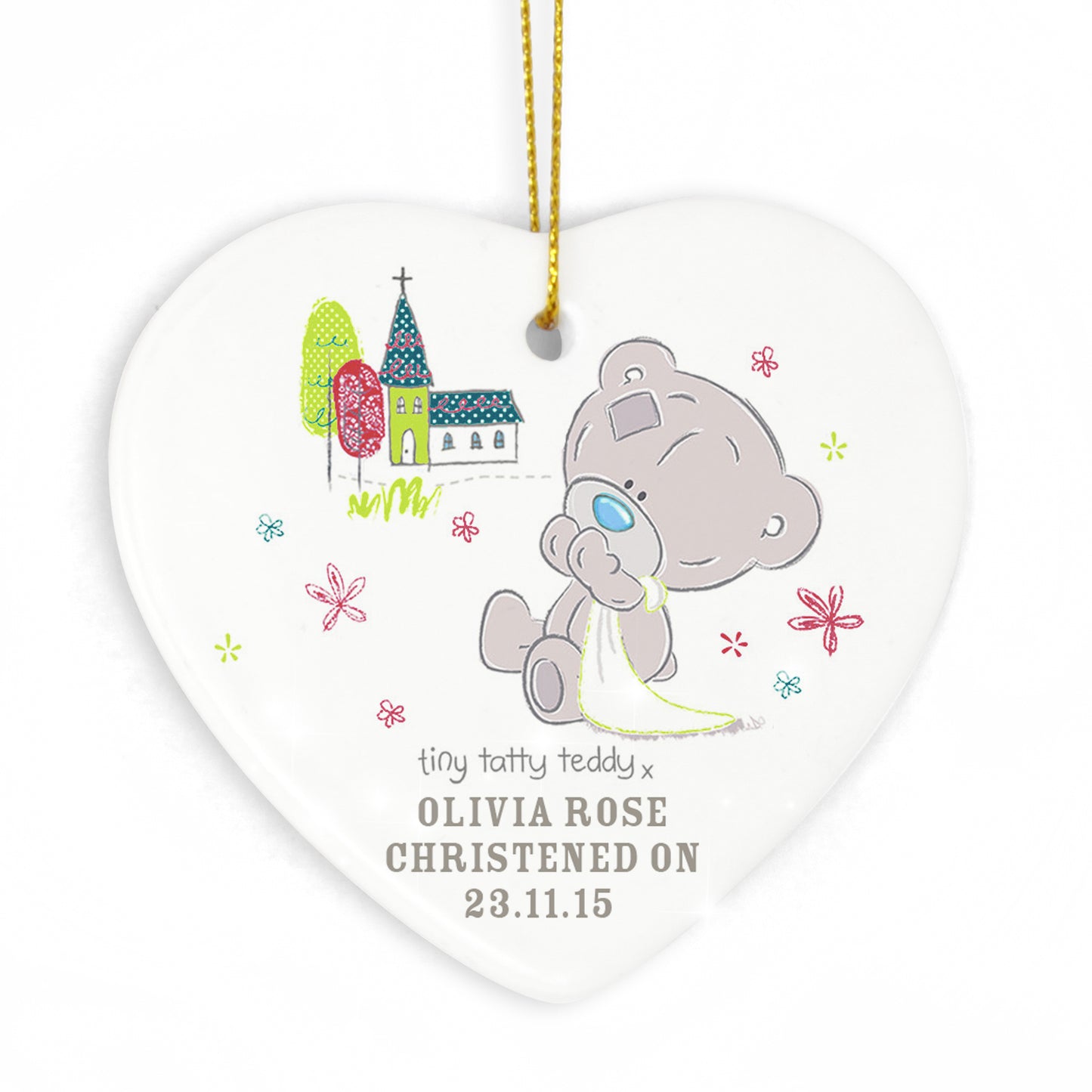 Personalised Tiny Tatty Teddy Christening Ceramic Heart Decoration