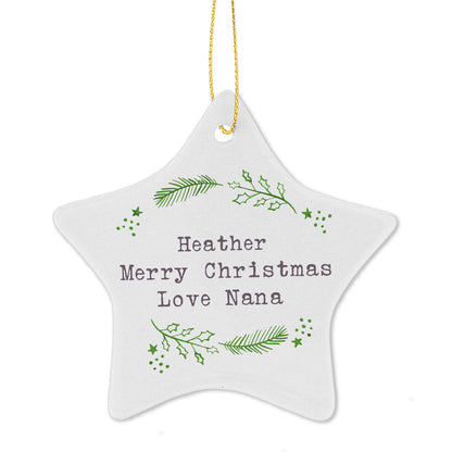 Personalised Christmas Holly Ceramic Star Decoration