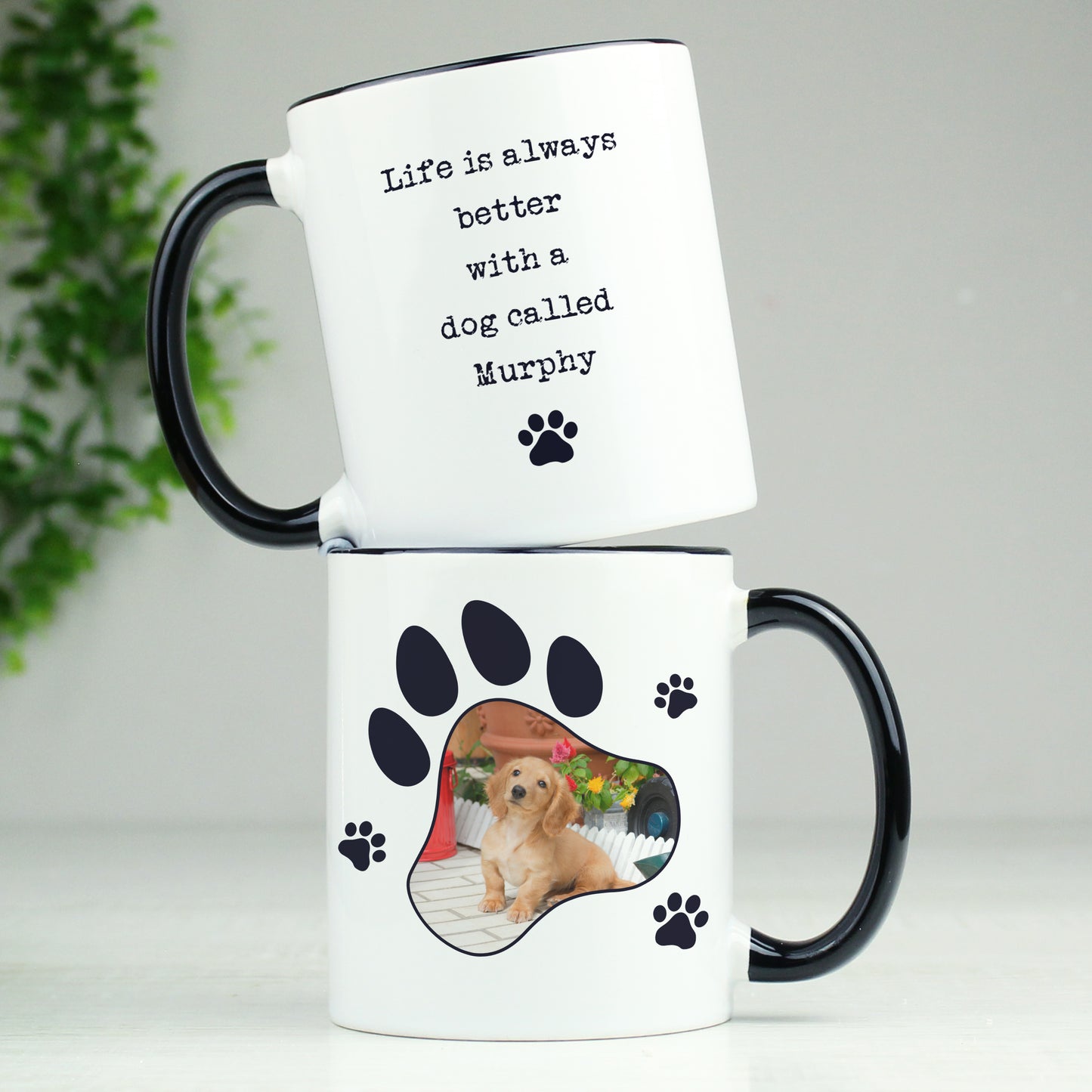 Personalised Paw Print Pet Photo Upload Black Handled Mug