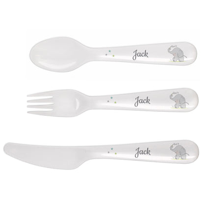 Personalised Hessian Elephant 3 Piece Plastic Cutlery Set