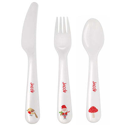 Personalised Christmas Toadstool Santa 3 Piece Plastic Cutlery Set