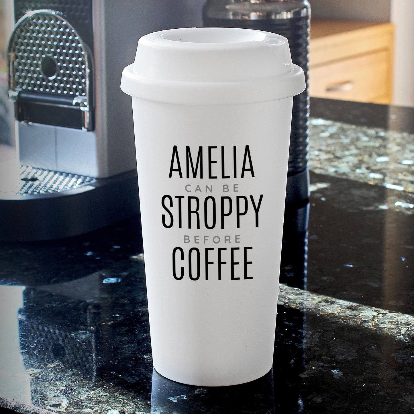 Personalised Black Text Slogan Insulated Reusable Eco Travel Cup