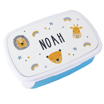 Personalised Safari Animals Name Only Blue Lunch Box
