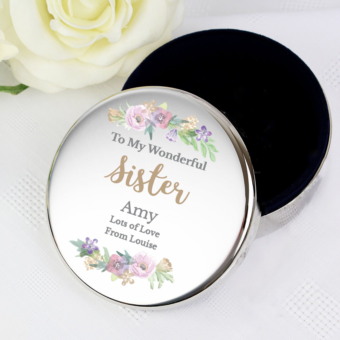 Personalised Floral Watercolour Round Trinket Box